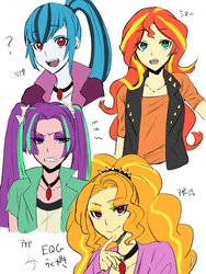 Size: 1200x1600 | Tagged: safe, artist:idolize_341, adagio dazzle, aria blaze, sonata dusk, sunset shimmer, equestria girls, g4, my little pony equestria girls: rainbow rocks, clothes, fangs, hairband, japanese, jewelry, looking at you, necklace, open mouth, question mark, shirt, simple background, smiling, the dazzlings, white background