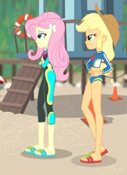 Size: 295x406 | Tagged: safe, screencap, applejack, fluttershy, blue crushed, equestria girls, equestria girls series, g4, clothes, feet, female, flip-flops, geode of fauna, geode of super strength, legs, magical geodes, sandals, swimsuit, wetsuit