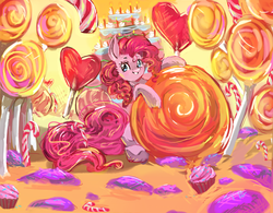 Size: 1000x779 | Tagged: safe, artist:mequiloano, pinkie pie, earth pony, pony, g4, cake, candy, candy cane, cupcake, food, grin, lollipop, looking at you, slime, smiling