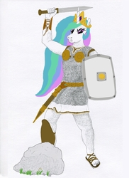 Size: 2550x3509 | Tagged: safe, artist:troticon, derpibooru exclusive, princess celestia, anthro, g4, armor, chainmail, female, gladius, high res, jewelry, rock, sandals, shield, simple background, solo, sword, tiara, warrior, warrior celestia, weapon, white background