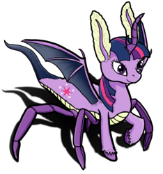 Size: 2573x2751 | Tagged: safe, artist:lizardwithhat, twilight sparkle, alicorn, chimera pony, monster pony, mothpony, original species, pony, snake pony, spiderpony, unicorn, g4, bat wings, cute, cutie mark, fluffy, high res, horn, long horn, moth antenna, simple background, smiling, spider legs, unshorn fetlocks, what has science done