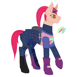 Size: 1100x1100 | Tagged: safe, artist:kookiebeatz, artist:peach-tea-adopts, oc, oc only, oc:rainbow brite, earth pony, pony, armor, backpack, bag, base used, belt, boots, brite bomber, clothes, ear fluff, female, fortnite, gloves, mare, raised hoof, shirt, shoes, simple background, solo, sunglasses, t-shirt, transparent background