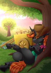 Size: 998x1429 | Tagged: safe, artist:vavacung, oc, oc only, oc:ferrum, changeling, cart, changeling oc, cowboy hat, crossed hooves, eyes closed, hat, male, orange changeling, patreon, patreon reward, resting, solo, tree