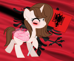 Size: 2708x2215 | Tagged: safe, artist:funwithlynnie, oc, oc only, oc:lynnie notes, alicorn, pony, albania, artificial wings, augmented, female, flag, high res, magic, magic wings, mare, solo, wings