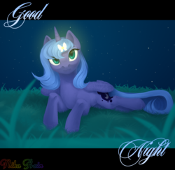 Size: 3000x2910 | Tagged: safe, artist:nika-rain, princess luna, alicorn, butterfly, pony, g4, female, grass, high res, looking at you, mare, night, prone, s1 luna, solo
