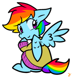 Size: 820x873 | Tagged: safe, artist:zutcha, rainbow dash, pegasus, pony, g4, clothes, cute, female, floppy ears, looking back, mare, signature, simple background, sitting, smiling, solo, sweater, transparent background