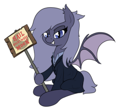 Size: 1993x1837 | Tagged: safe, artist:moonatik, derpibooru exclusive, oc, oc only, oc:selenite, bat pony, pony, 2019 community collab, derpibooru community collaboration, bat pony oc, clothes, grin, holding, implied nightmare moon, looking at you, shirt, sign, simple background, sitting, skirt, smiling, solo, spread wings, suit, the conscientious objector, tights, transparent background, wings