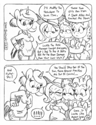 Size: 849x1100 | Tagged: safe, artist:circe, fluttershy, pinkie pie, oc, oc:eaststern, oc:princess eaststern, anthro, unguligrade anthro, comic:soreloser, g4, black and white, breasts, clothes, comic, dress, grayscale, harpo marx, hat, marx brothers, monochrome, sun hat, sundress, traditional art