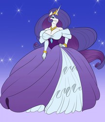 Size: 1105x1280 | Tagged: safe, artist:toughset, princess celestia, rarity, anthro, g4, beautisexy, big breasts, breasts, busty rarity, cleavage, clothes, commission, crown, dress, evening gloves, female, fusion, gloves, gown, huge breasts, impossibly large dress, jewelry, long gloves, long hair, petticoat, poofy shoulders, regalia, sexy, skirt, solo