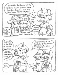 Size: 849x1100 | Tagged: safe, artist:circe, applejack, rainbow dash, oc, oc:eaststern, oc:princess eaststern, anthro, unguligrade anthro, comic:soreloser, g4, black and white, blushing, chico marx, grayscale, groucho marx, inspector jacques clouseau, marx brothers, monochrome, traditional art