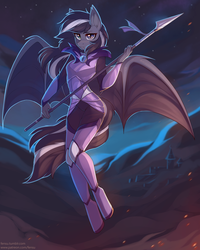 Size: 1602x2003 | Tagged: safe, artist:fensu-san, oc, oc only, oc:shade (jerichoiv), bat pony, anthro, unguligrade anthro, anthro oc, armor, bat pony oc, bat wings, breasts, commission, digital art, female, flying, frown, night, reasonably sized breasts, solo, spear, weapon, wings