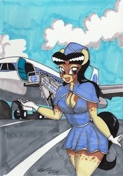 Size: 2094x2984 | Tagged: safe, artist:newyorkx3, oc, oc only, oc:crystal, earth pony, anthro, airline, anthro oc, boeing 707, breasts, busty crystal, clothes, dress, female, flight attendant, hat, high res, jet, mare, miniskirt, pan am, skirt, smiling, solo, stewardess, thighs