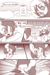 Size: 1600x2400 | Tagged: dead source, safe, artist:an-m, oc, oc only, oc:horo, oc:natee, pony, ><, chocolate, chocolate milk, comic, cup, dialogue, eyes closed, food, grammar error, hot chocolate, milk, monochrome, pony oc, spitting, throwing