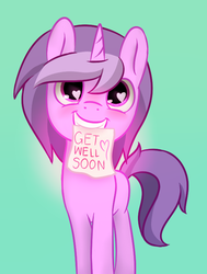 Size: 560x740 | Tagged: safe, artist:vbronny, oc, oc only, pony, unicorn, female, gradient background, grin, heart eyes, hooves, horn, looking at you, mare, mouth hold, ponysona, smiling, solo, teeth, wingding eyes