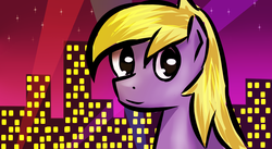 Size: 1280x700 | Tagged: safe, artist:vbronny, derpy hooves, pegasus, pony, g4, bust, city, female, mare, portrait, smiling, solo, wings