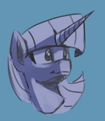 Size: 531x612 | Tagged: safe, artist:post-it, twilight sparkle, pony, g4, blue background, bust, female, mare, monochrome, simple background, smiling, solo