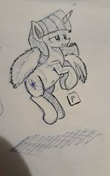 Size: 1515x2418 | Tagged: safe, artist:post-it, twilight sparkle, alicorn, pony, g4, female, flying, ink drawing, mare, monochrome, simple background, sketch, smiling, solo, traditional art, twilight sparkle (alicorn), white background