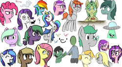 Size: 1280x700 | Tagged: safe, artist:vbronny, dj pon-3, flitter, fluttershy, pinkie pie, princess celestia, rainbow dash, rarity, vinyl scratch, oc, alicorn, butterfly, cow, earth pony, ghost, pegasus, pony, unicorn, g4, bow, ear piercing, eyes closed, female, floppy ears, grin, hair bow, hooves, horn, jewelry, male, mare, open mouth, piercing, plushie, regalia, simple background, smiling, stallion, standing, tiara, ufo, white background