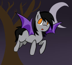 Size: 804x731 | Tagged: safe, artist:vbronny, oc, oc only, bat pony, pony, bat pony oc, bat wings, flying, hooves, male, moon, night, open mouth, solo, spread wings, stallion, tree, wings