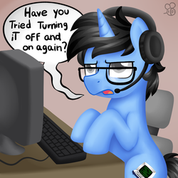 Size: 1024x1024 | Tagged: safe, artist:sabrib, oc, oc only, oc:tinker doo, pony, unicorn, computer, dialogue, glasses, headset, keyboard, male, solo, tech support, unamused