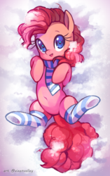 Size: 1880x3000 | Tagged: dead source, safe, artist:vixenvalley, pinkie pie, earth pony, pony, g4, clothes, cute, diapinkes, female, hnnng, mare, on back, scarf, snow, socks, solo, striped socks, winter