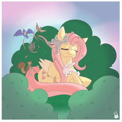 Size: 1280x1280 | Tagged: safe, artist:cckittycreative, angel bunny, fluttershy, bird, pegasus, pony, squirrel, g4, bush, colored wings, colored wingtips, eyes closed, female, flower, flower in hair, flower in tail, folded wings, mare, outdoors, peaceful, prone, wings