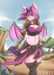 Size: 2500x3500 | Tagged: safe, artist:redwix, oc, oc only, oc:battica, alicorn, bat pony, bat pony alicorn, anthro, anthro oc, bat pony oc, belly button, boots, breasts, clothes, cloud, commission, female, high res, looking at you, sexy, shoes, skirt, sky, solo, sword, thigh boots, thighs, tree, weapon, ych result