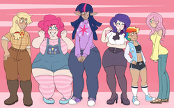 Size: 900x559 | Tagged: safe, artist:cottoncloudy, applejack, fluttershy, pinkie pie, rainbow dash, rarity, twilight sparkle, alicorn, human, g4, bandana, bbw, boots, chubby, cis, cis girl, clothes, converse, elf ears, fat, fit, glasses, high heels, humanized, mane six, muscles, obese, overalls, piggy pie, plump, pudgy pie, sandals, shoes, smoldash, sneakers, socks, stockings, striped socks, sweater, tanned, thick, thigh highs, thunder thighs, twilight sparkle (alicorn)