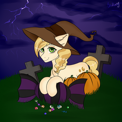 Size: 2000x2000 | Tagged: safe, artist:bestiary, sweet biscuit, pony, g4, candy, commission, food, hat, high res, lightning, looking at you, pumpkin, witch hat