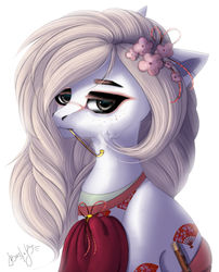 Size: 1280x1584 | Tagged: safe, artist:bastet-catmew, oc, oc only, earth pony, pony, bust, clothes, female, kimono (clothing), mare, pipe, portrait, simple background, solo, white background