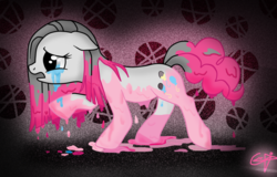 Size: 961x614 | Tagged: safe, artist:9cynthia, artist:islamilenaria, pinkie pie, earth pony, pony, g4, abstract background, color loss, crying, female, pinkamena diane pie, sad, solo