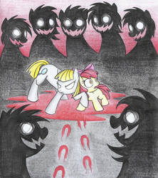 Size: 1024x1151 | Tagged: safe, artist:islamilenaria, apple bloom, oc, oc:ruby, oc:ruby (story of the blanks), earth pony, ghost, ghost pony, pony, undead, zombie, zombie pony, story of the blanks, g4, blanks, bow, female, mare, traditional art