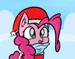 Size: 1080x853 | Tagged: safe, artist:artiks, pinkie pie, earth pony, pony, g4, artiks is trying to murder us, christmas, clothes, costume, cute, diapinkes, female, hat, holiday, mare, open mouth, santa costume, santa hat, scarf, smiling, snow, solo