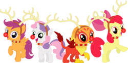 Size: 3571x1772 | Tagged: safe, artist:porygon2z, apple bloom, scootaloo, sweetie belle, oc, oc:heatwave, deer, griffon, reindeer, g4, antlers, chickub, christmas, cutie mark crusaders, holiday, looking at you, reindeer antlers, rudolph nose, simple background, transparent background, vector