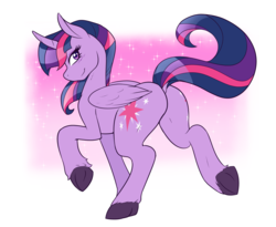 Size: 1500x1230 | Tagged: safe, artist:ambris, twilight sparkle, alicorn, pony, g4, butt, curved horn, dock, female, horn, looking at you, mare, plot, raised hoof, simple background, smiling, solo, twilight sparkle (alicorn)