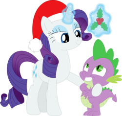Size: 3580x3393 | Tagged: safe, artist:porygon2z, rarity, spike, pony, unicorn, g4, christmas, dragon x pony, duo, female, glowing horn, hat, high res, holiday, holly, holly mistaken for mistletoe, horn, imminent kissing, interspecies, looking up, magic, magic aura, male, mistletoe, santa hat, ship:sparity, shipping, simple background, straight, teeth, transparent background, vector