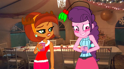 Size: 1800x1011 | Tagged: safe, artist:cookiechans2, artist:ktd1993, stellar flare, sugar belle, equestria girls, g4, base used, blushing, christmas, equestria girls-ified, female, holiday, holly, holly mistaken for mistletoe, lesbian, shipping, stellarbelle