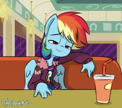 Size: 787x691 | Tagged: safe, artist:tylerdashart, rainbow dash, pegasus, anthro, g4, the saddle row review, clothes, cup, drink, female, mare, not clothes, scene interpretation, solo, table