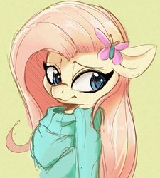 Size: 737x819 | Tagged: safe, artist:tre, fluttershy, butterfly, pony, g4, bust, clothes, female, simple background, smiling, solo, sweater, sweatershy