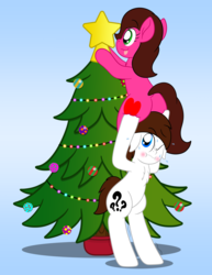 Size: 1280x1656 | Tagged: safe, artist:aarondrawsarts, oc, oc:brain teaser, oc:rose bloom, pony, bipedal, brainbloom, butt, christmas, christmas tree, holiday, lifting, lifting ponies, oc x oc, plot, shipping, sweat, tree