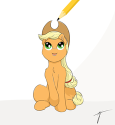 Size: 1726x1878 | Tagged: safe, artist:taxar, part of a set, applejack, earth pony, pony, g4, chest fluff, drawn into existence, ear fluff, female, pencil, sitting, smiling, solo