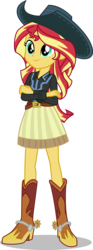 Size: 2080x5600 | Tagged: safe, artist:cencerberon, sunset shimmer, equestria girls, g4, adorable face, beautiful, beautiful eyes, beautiful hair, belt, boots, clothes, cowboy boots, cowboy hat, cowgirl, crossed arms, cute, female, hat, high heel boots, shimmerbetes, shoes, show accurate, simple background, skirt, smiling, solo, spurs, stetson, transparent background, vector, woman