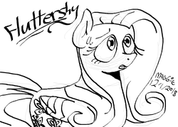 Size: 1180x845 | Tagged: safe, artist:mushroomcookiebear, fluttershy, pony, g4, female, monochrome, solo, sweat, sweatdrop