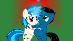 Size: 3840x2160 | Tagged: safe, artist:agkandphotomaker2000, dj pon-3, vinyl scratch, oc, oc:pony video maker, pony, g4, bipedal, canon x oc, christmas, duo, excited, female, heartwarming, high res, holiday, looking up, male, mistletoe, teeth, videoscratch