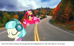 Size: 852x537 | Tagged: safe, applejack, coco pommel, g4, applejack truck, female, headphones, irl, meme, photo, squidward the truck's coming, text, toy, truck