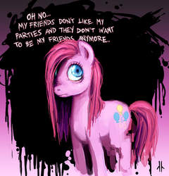 Size: 617x643 | Tagged: safe, artist:corpsecrow, pinkie pie, earth pony, pony, g4, my little pony: friendship is magic, party of one, abstract background, cutie mark, female, frown, looking at you, mare, pinkamena diane pie, sad, solo, text