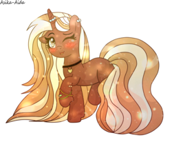 Size: 984x812 | Tagged: safe, artist:asika-aida, oc, oc only, oc:choco night, pony, unicorn, blush sticker, blushing, contest prize, cute, female, gray background, horn, horn ring, jewelry, looking at you, mare, necklace, one eye closed, open mouth, prize, signature, simple background, solo, wink