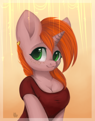 Size: 2352x2999 | Tagged: safe, artist:alphadesu, oc, oc only, oc:debra rose, unicorn, anthro, semi-anthro, :3, abstract background, breasts, cleavage, clothes, commission, ear piercing, earring, female, freckles, high res, jewelry, looking at you, piercing, shirt, smiling, solo, ych result