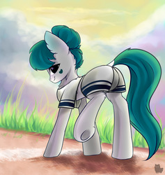 Size: 1280x1352 | Tagged: safe, artist:alphadesu, oc, oc only, oc:karma, earth pony, pony, chest fluff, clothes, cloud, commission, explicit source, female, glass maker, grass, heart, looking at you, mare, shirt, shorts, sky, smiling, solo, underhoof, ych result