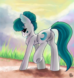 Size: 1280x1352 | Tagged: safe, artist:alphadesu, oc, oc only, oc:karma, earth pony, pony, butt, chest fluff, cloud, commission, explicit source, female, glass maker, grass, heart, looking at you, mare, plot, raised leg, sky, smiling, solo, ych result